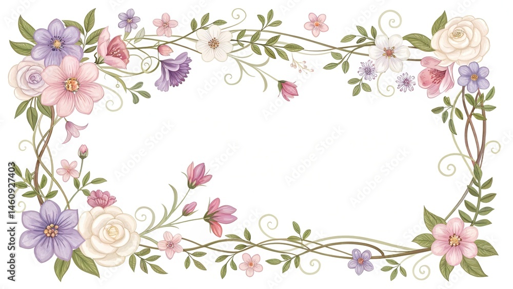 Obraz premium Elegant Floral Frame with Pastel Flowers and Green Leaves Illustration for Decoration