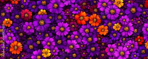 Vibrant purple, orange flowers, garden
