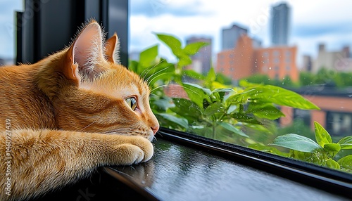 Ginger cat gazes at city skyline