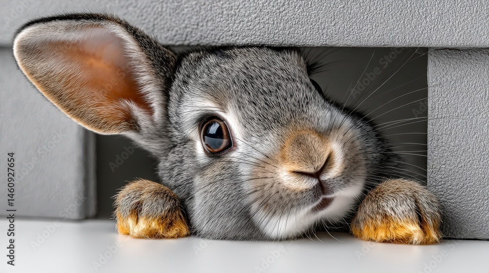 Cute Gray Bunny Rabbit Hiding Minimalist Pet Photo Easter Animal