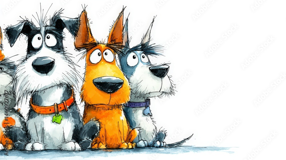 Cute Cartoon Dogs Watercolor Illustration Funny Pets Dog Art Whimsical Animal Design