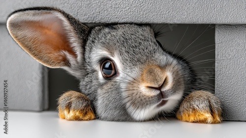 Obraz na płótnie Cute Gray Bunny Rabbit Hiding Minimalist Pet Photo Easter Animal w salonie