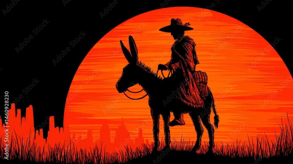 Silhouette Man Riding Donkey at Sunset Biblical Scene Easter Minimalist