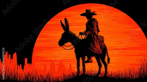 Silhouette Man Riding Donkey at Sunset  Biblical Scene  Easter  Minimalist