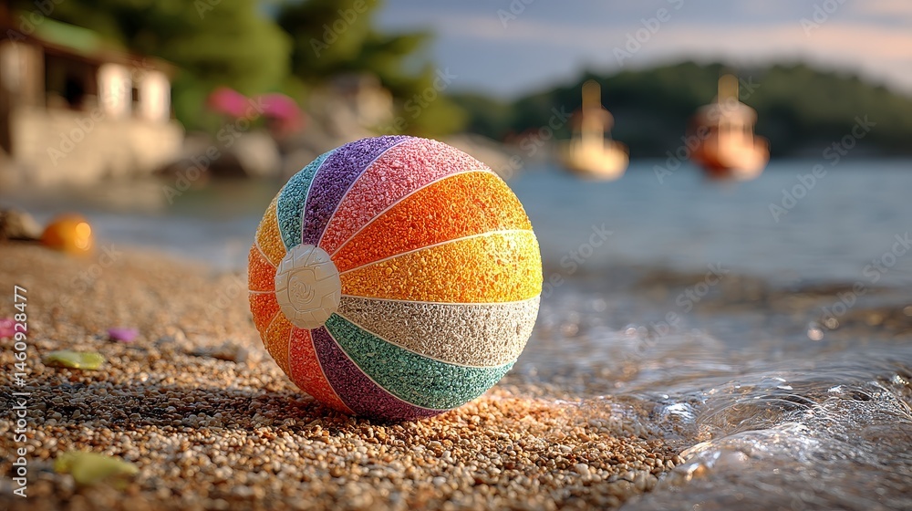 Colorful Beach Ball on Sandy Shore Summer Vacation Holiday Fun