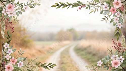 Autumnal landscape featuring a winding path framed with watercolor florals
