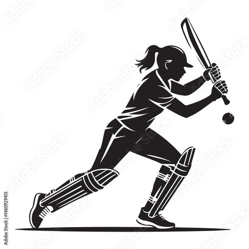 Female Cricket player pose Vector Black silhouettes. with white background