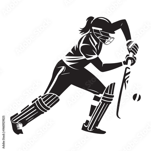 Female Cricket player pose Vector Black silhouettes. with white background