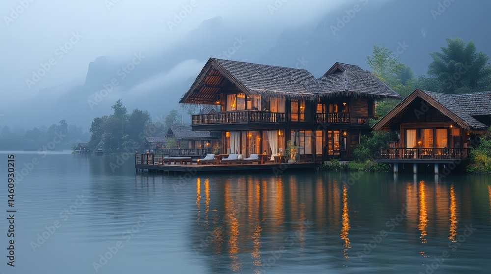 Fototapeta premium Lakeside cabins illuminated by soft evening light.