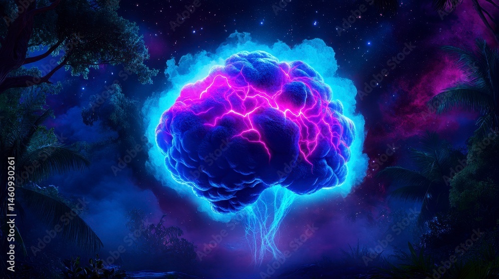 A striking depiction of a vivid, glowing brain surrounded by a mystical forest, highlighting the intersection of nature and thought. A striking depiction of a vivid, glowing brain surrounded by a mystical forest, highlighting the intersection of nature and thought.