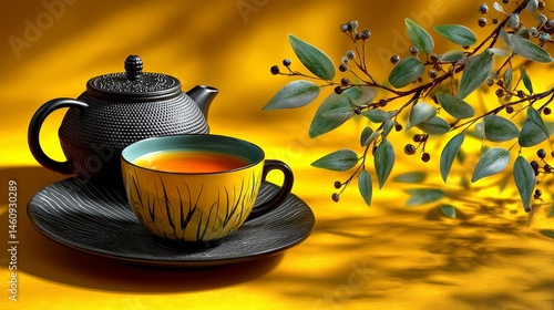 Obraz na płótnie Tranquil Tea Ceremony Cup Teapot Saucer Leaves Minimalist w salonie