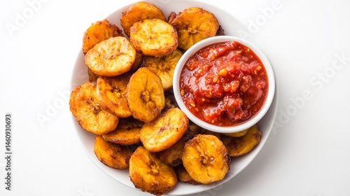 Overhead image of golden fried plantains chili dipping sauce white background popular Congolese street food snack crispy texture with sweet and spicy notes cut out on isolated transparent background