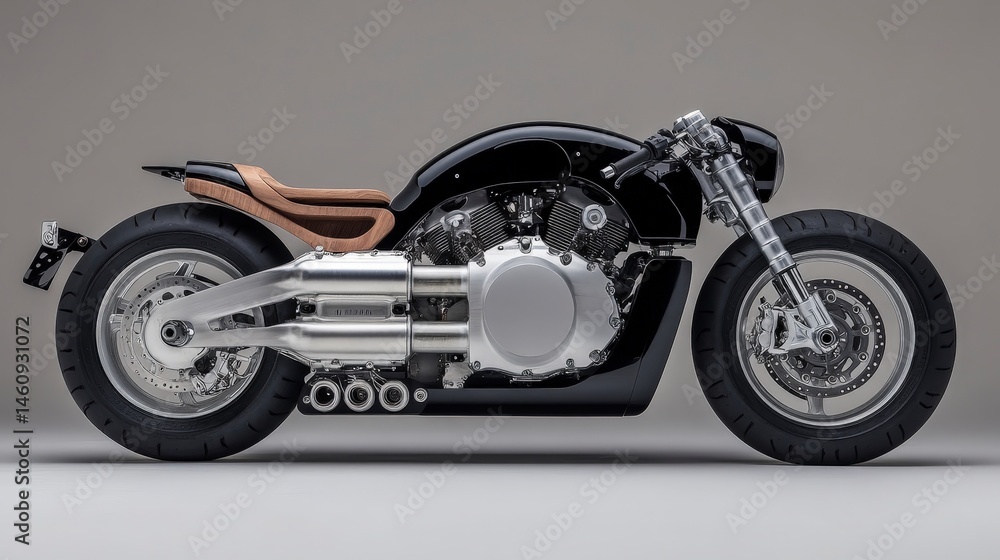 Sleek Custom Motorcycle Studio Shot Chrome Engine Wooden Seat Powerful Bike
