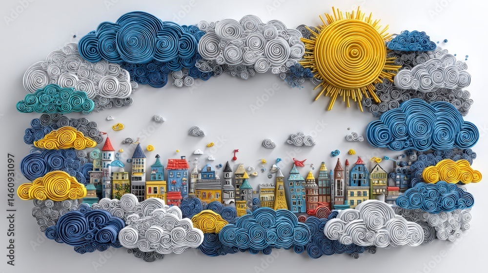 Whimsical Paper Cityscape Sun Clouds Houses Illustration