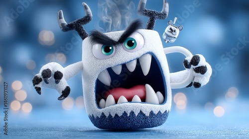 Obraz na płótnie Angry Cartoon Coffee Cup Monster 3D Render Cute Funny Character Design w salonie