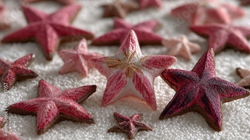 Pink and Purple Star Decorations on White Background  Festive Holiday Ornament Closeup