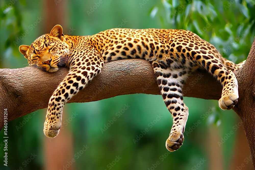 Naklejka premium Serene leopard resting on a tree branch, wildlife photography showcasing its spotted coat and peaceful demeanor.
