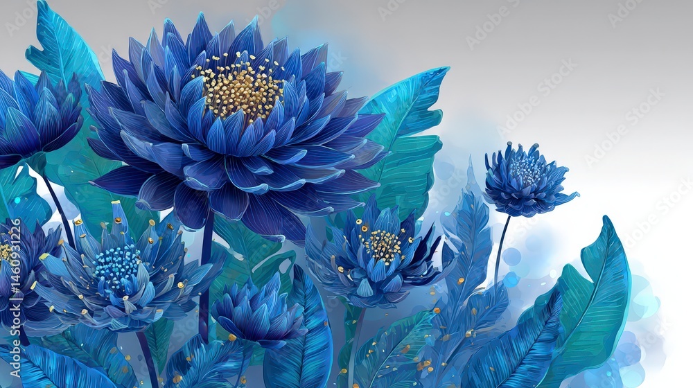 Elegant Blue Floral Arrangement Botanical Illustration Minimalist Design Dark Hues