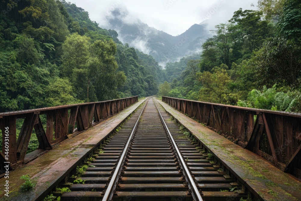 Fototapeta premium Lush mountain valley, railway bridge. Misty, tranquil scene
