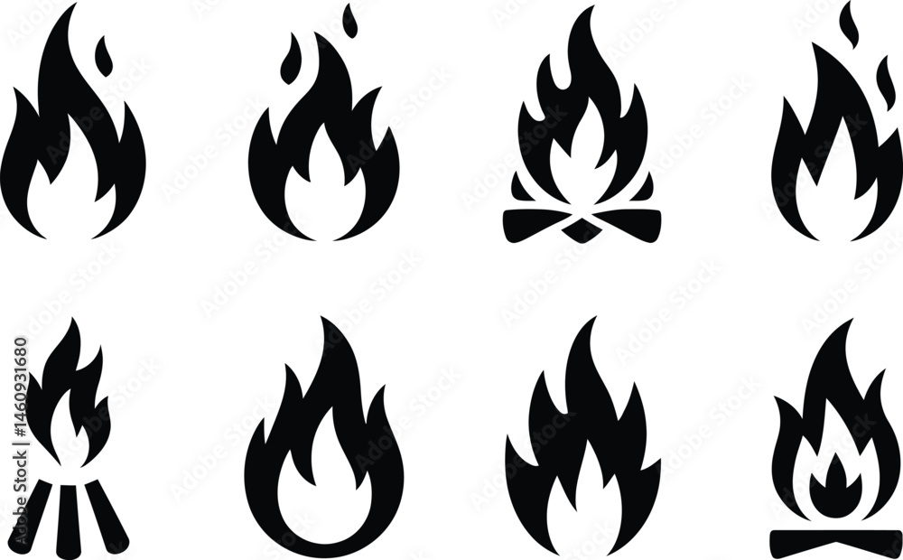 A collection of stylized black flame icons representing fire burning and campfire elements A collection of stylized black flame icons representing fire burning and campfire elements
