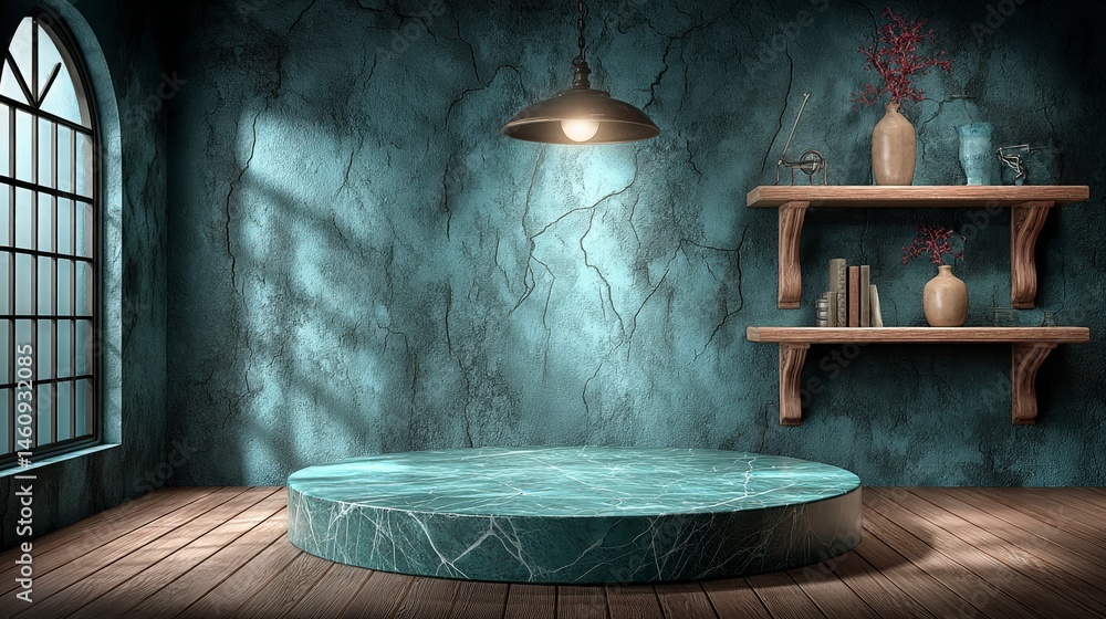 Teal Green Marble Display Rustic Room Wooden Shelves Vintage Interior Product Presenta