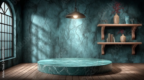 Obraz na płótnie Teal Green Marble Display Rustic Room Wooden Shelves Vintage Interior Product Presenta w salonie