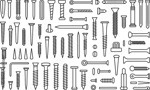 Collection of line art illustrations of various types of screws nails and fasteners