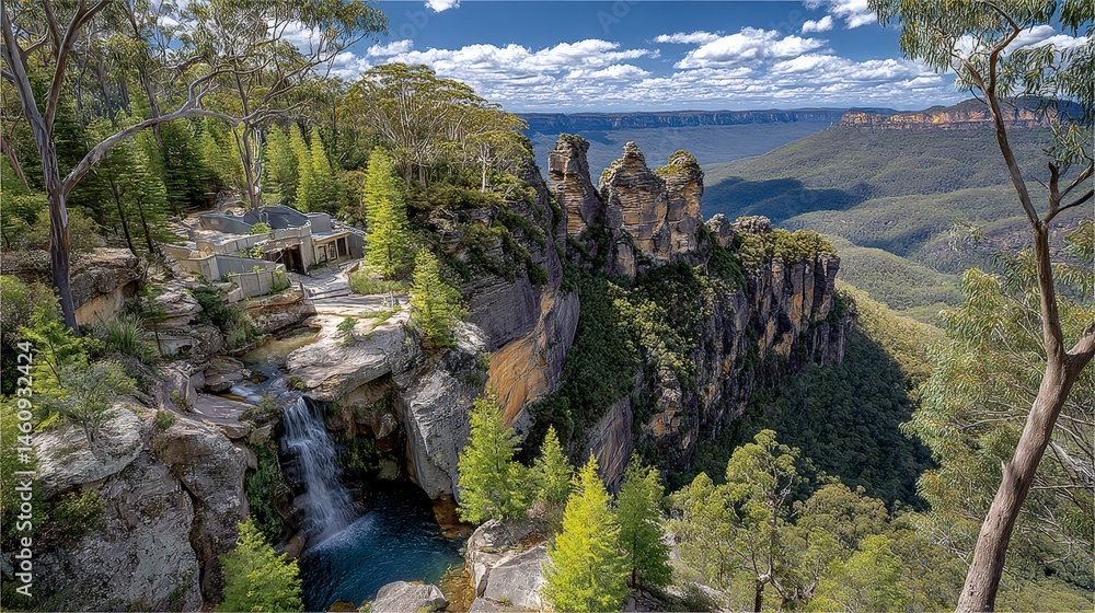 Stunning Panoramic Three Sisters Blue Mountains Waterfall Australia Landscape