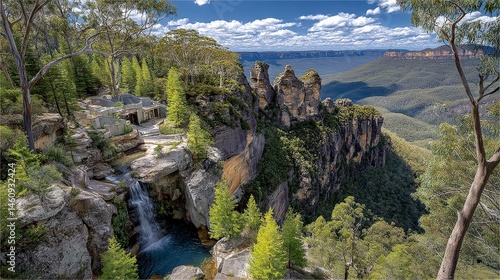 Obraz na płótnie Stunning Panoramic Three Sisters Blue Mountains Waterfall Australia Landscape w salonie