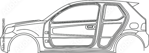 Side view line art illustration of a hatchback car body with detailed door outlines