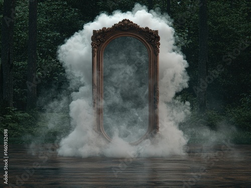 Ornate mirror in a forest surrounded by smoke.