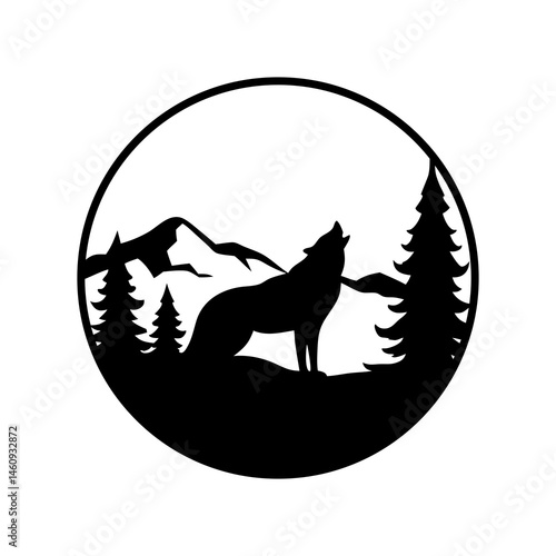Silhouette of howling wolf in mountain and forest landscape vector illustration design for nature lovers