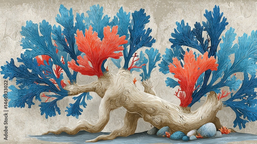 Pastel Blue Coral Reef Seaweed Seamless Pattern Underwater Life Vintage Summer Print