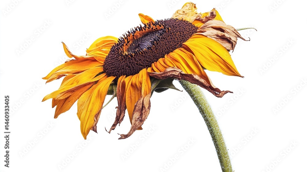 Obraz premium Wilted Sunflower Struggling Under the Scorching Sun in Nature Isolated on Transparent Background. Cutout of Resilient Beauty.