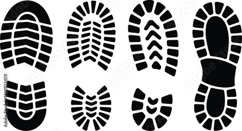 Collection of black shoe prints footprints shoe soles footwear designs graphic vector illustrations