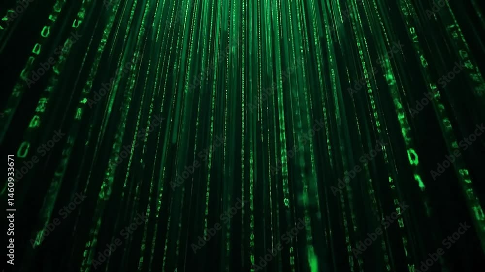 Dark void background with bright green encrypted characters raining down in columns Dark void background with bright green encrypted characters raining down in columns