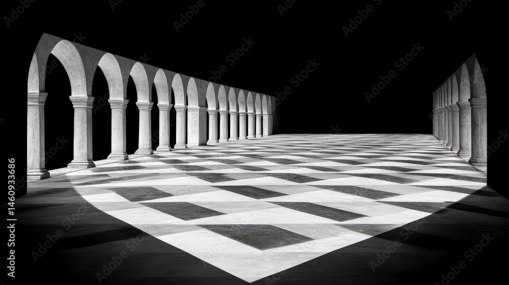 Modern Minimalist Architecture Long Corridor Columns Checkered Floor Abstract Design