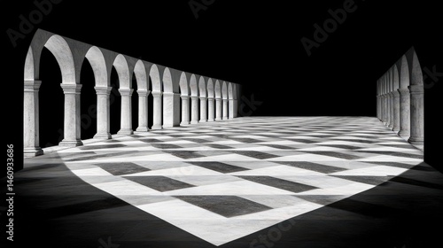 Obraz na płótnie Modern Minimalist Architecture Long Corridor Columns Checkered Floor Abstract Design w salonie