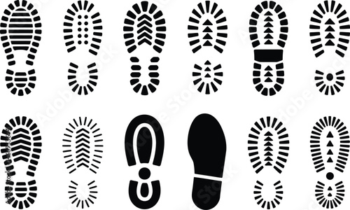 Diverse collection of shoe print outlines in black and white ideal for design and footwear concepts