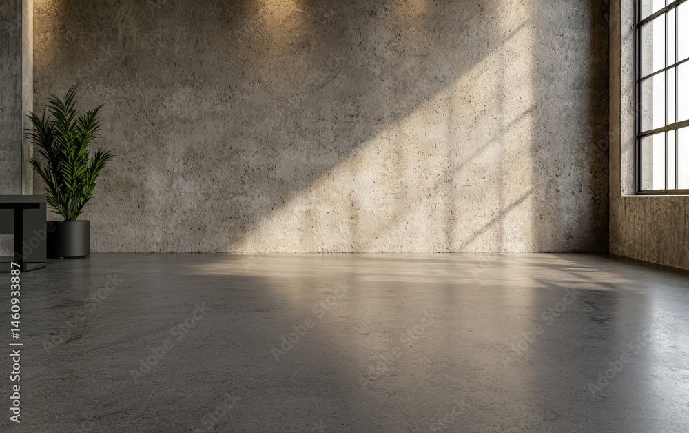 Empty industrial interior with concrete walls and sunlight.