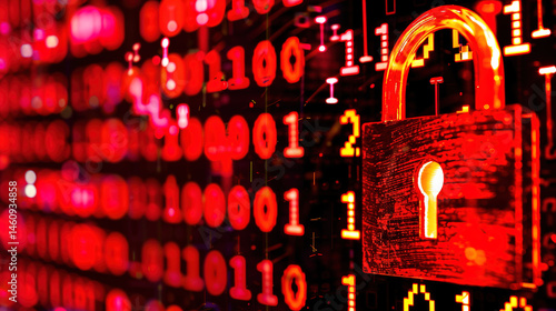 Glowing red padlock on dark digital interface symbolizing cryptocurrency security breach, blockchain technology concept for cyber security and data protection.