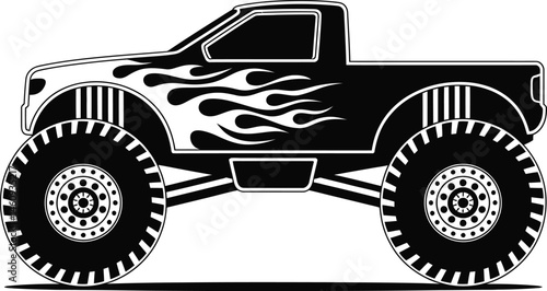 Black and white monster truck illustration featuring flame decals and oversized tires