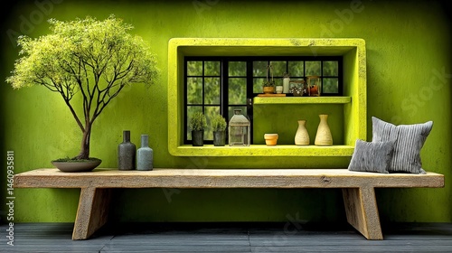 Wallpaper Mural Serene Green Room  Minimalist Zen Decor  Wooden Bench  Bonsai Tree  Plants Torontodigital.ca