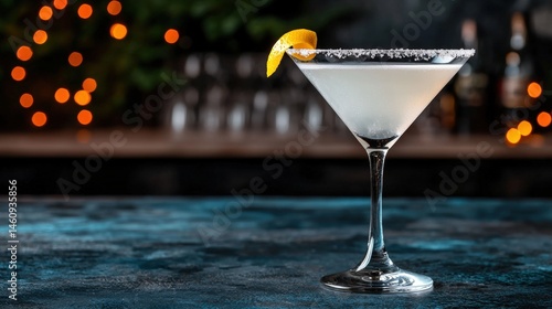 Elegant cocktail with sugared rim and lemon twist garnish.