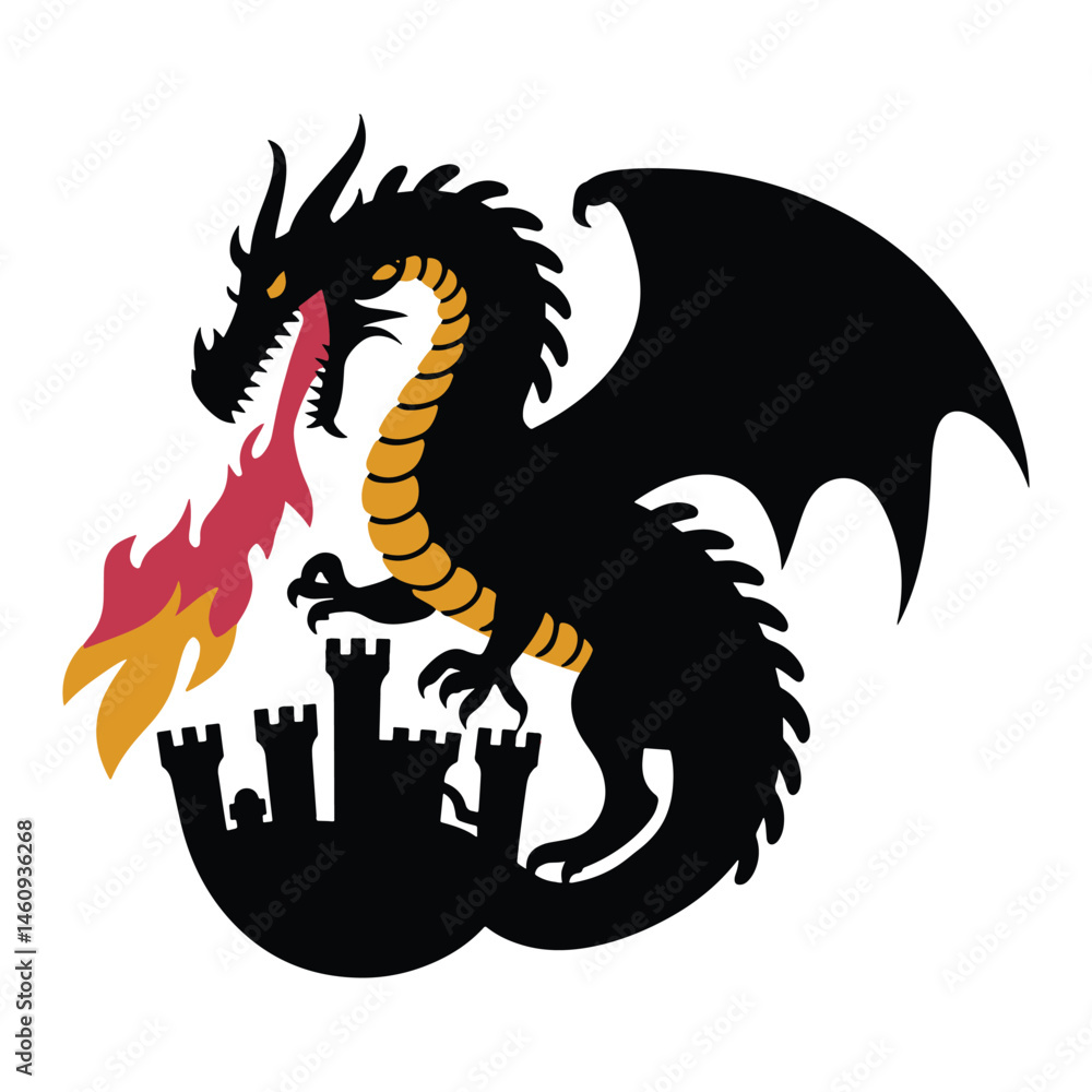 Obraz premium Fire-breathing Dragon over the Castle vector illustration