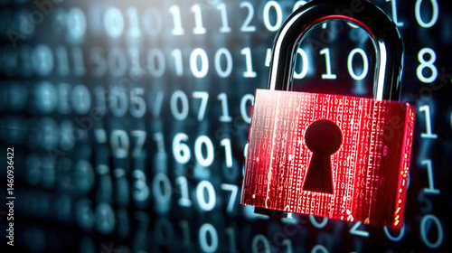 Glowing red padlock on dark digital interface symbolizing cryptocurrency security breach, blockchain technology concept for cyber security and data protection.