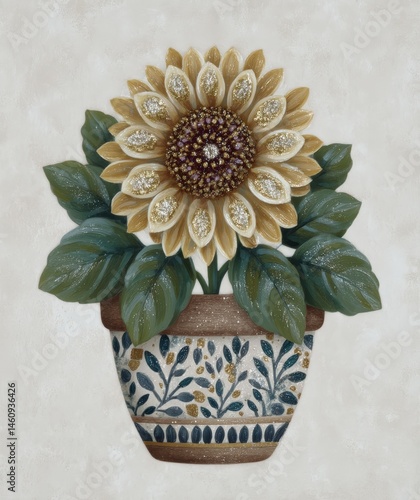 Sunflower in a decorative pot with glitter accents.
