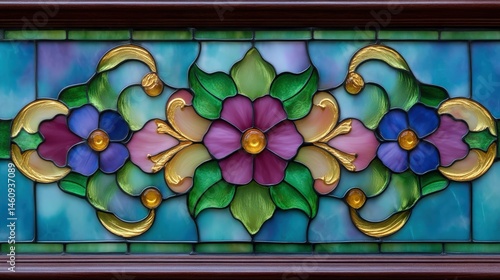 Floral stained glass window panel with vibrant colors.