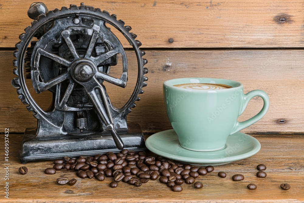 Obraz premium Aged coffee grinder and latte art A vintage-style coffee grinder sits beside a cup of latte with a latte art design Coffee beans are scattered around