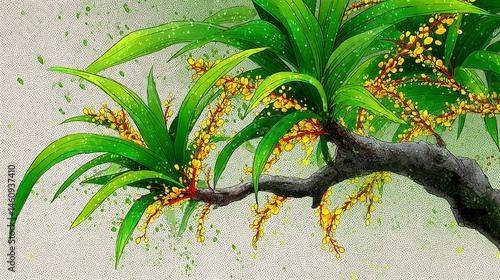 Watercolor Tropical Spring Floral  Green Leaves  Yellow Flowers  Minimalist Botanical Art